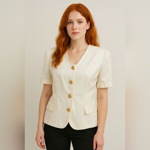 Lord &Taylor Womens Blazer Vintage 1980s White Lightweight  Short Sleeve Size 12